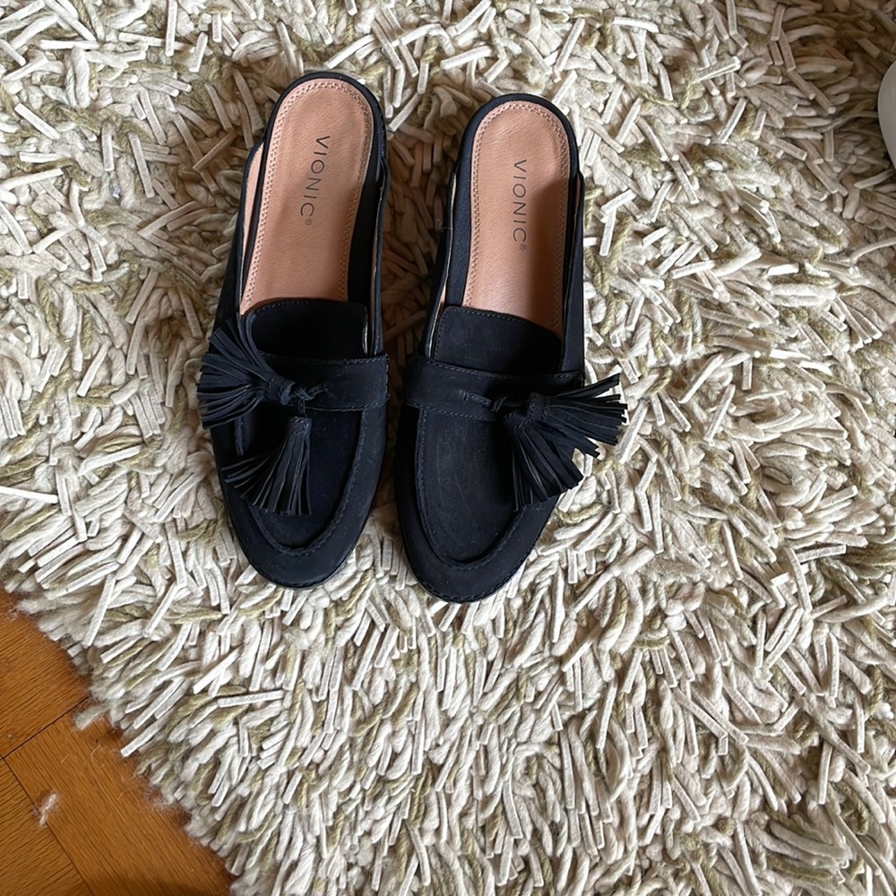 Vionic slides, black suede, size 9, never worn